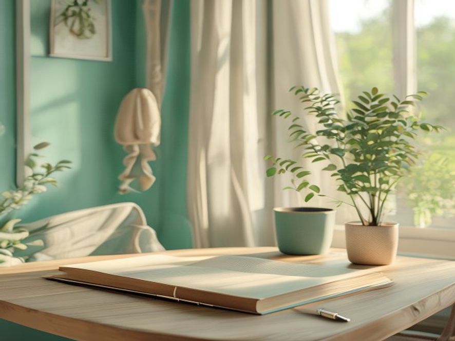 Calm workspace with desk, plant and natural light from window