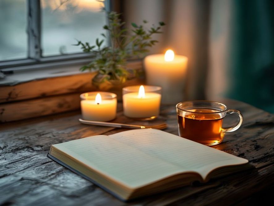 Soft evening light with candles, journal and herbal tea in a quiet room