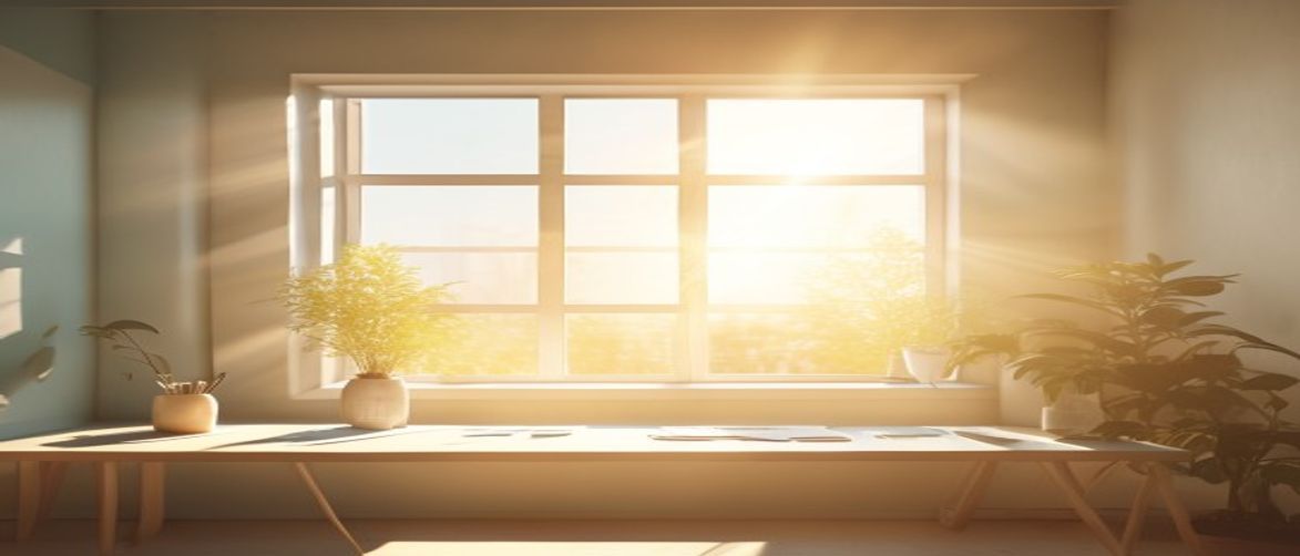 Bright morning sunlight streaming through a minimalist workspace