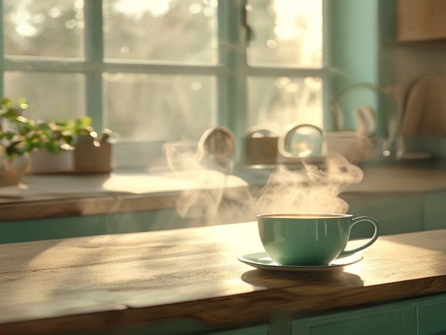 Bright sunlit kitchen window with morning light and a cup of tea